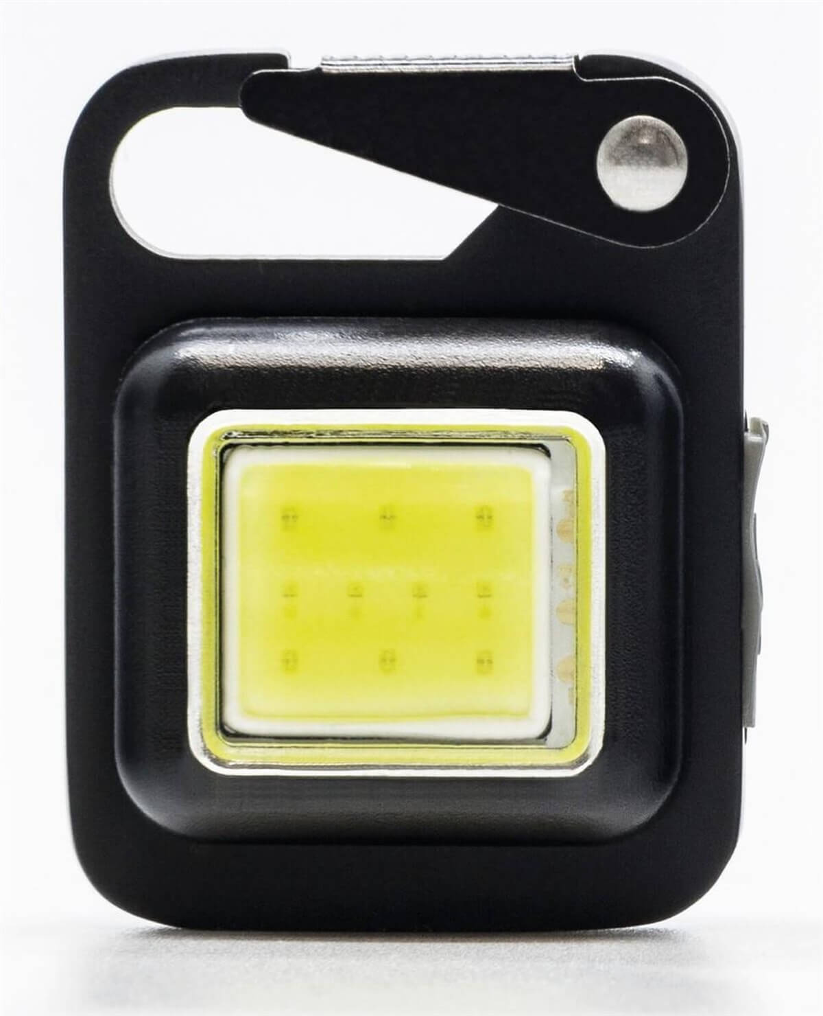 Torcia nera compatta con luce COB brillante e clip a moschettone.