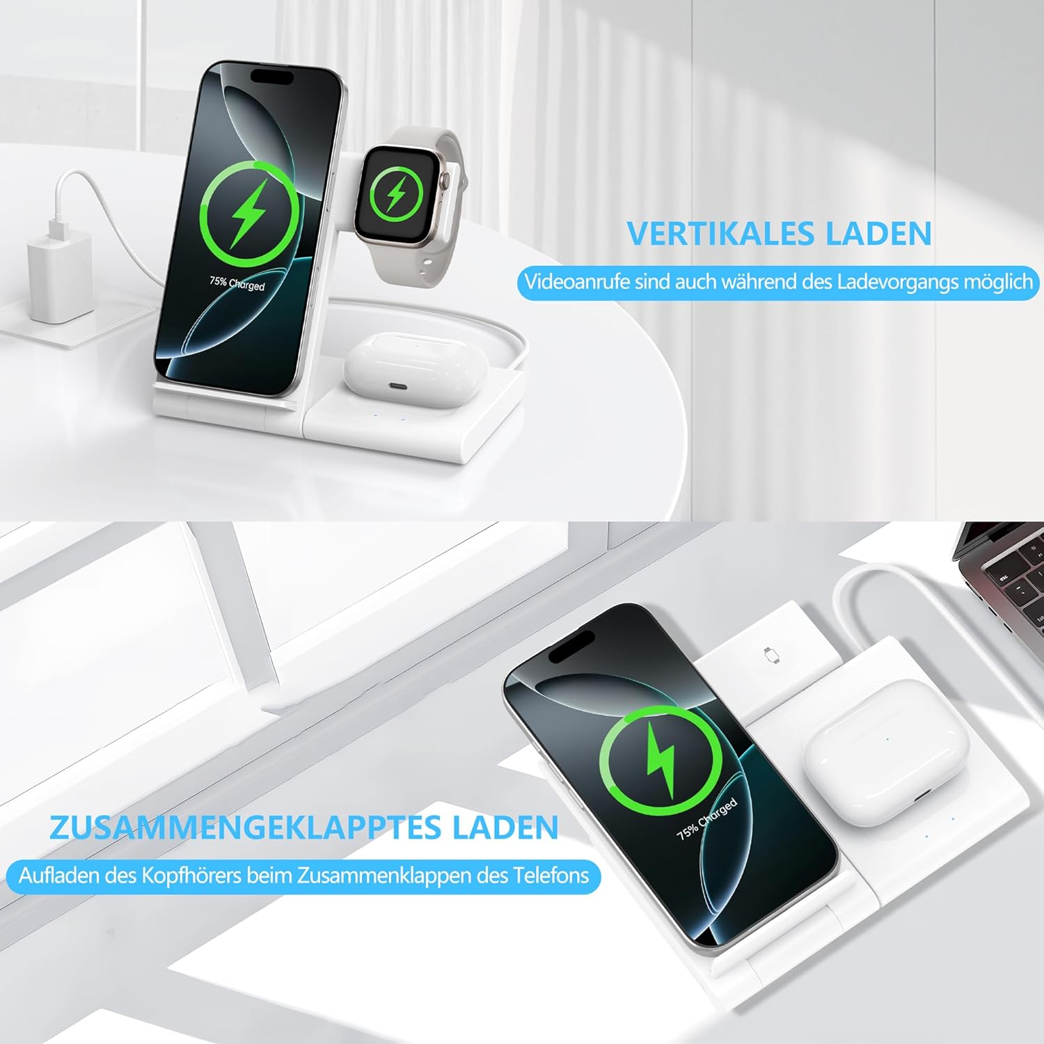 Handy, Uhr und Ohrhörer laden auf weißem kabellosem Ladegerät. Oben: vertikal. Unten: gefaltet.