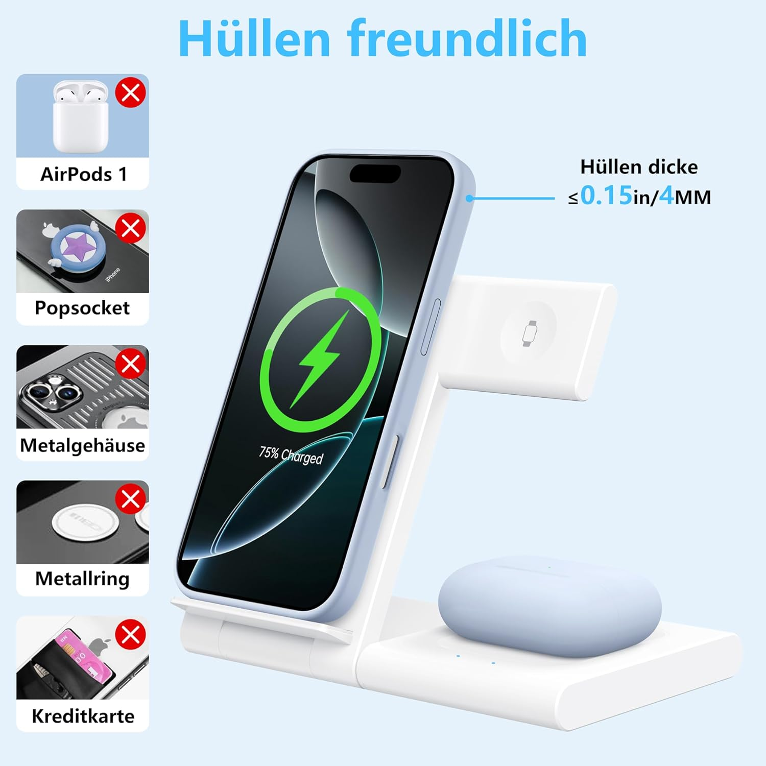 Kabelloses Ladegerät mit aufgeladenem Handy und AirPod-Hülle.