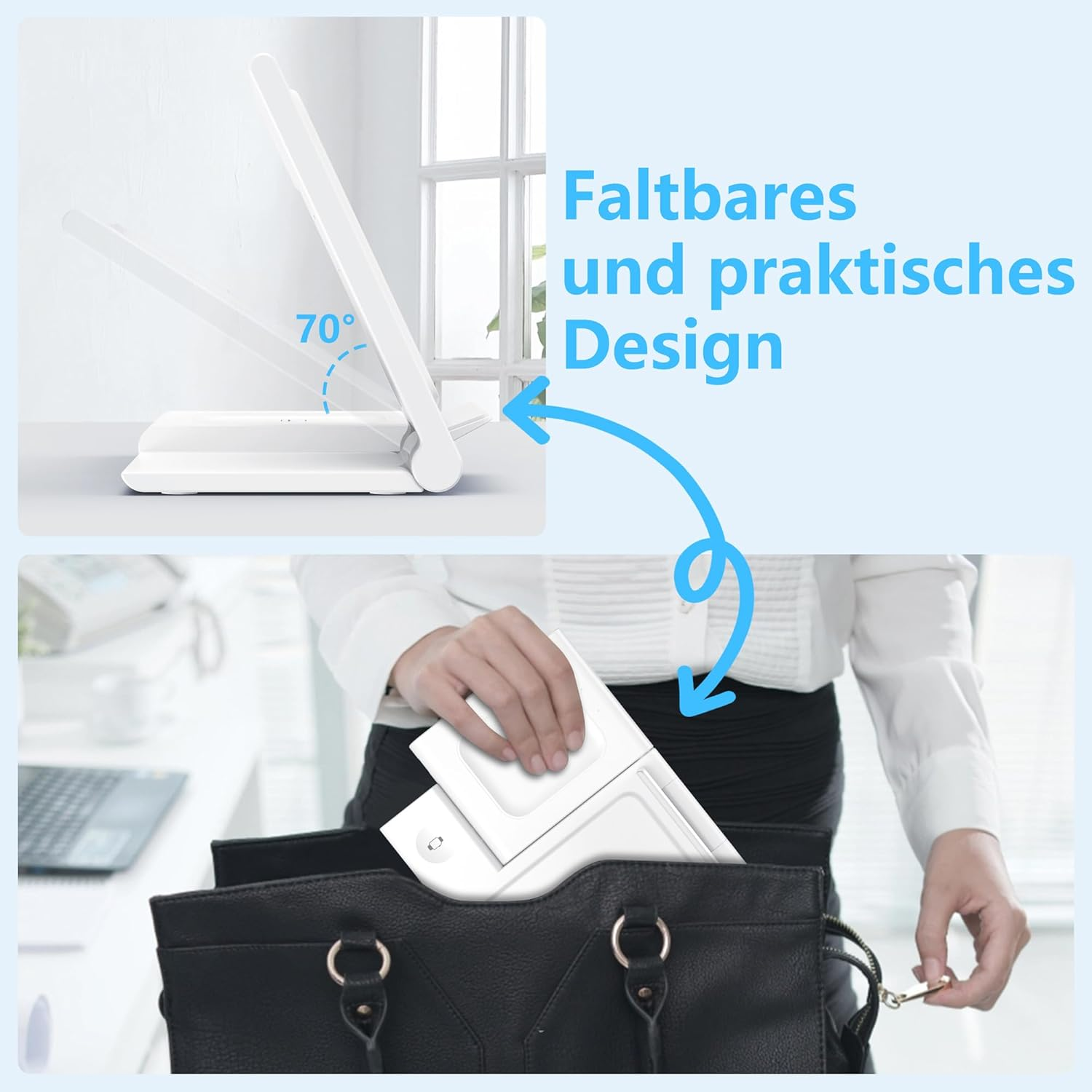 Ein weißes faltbares Gerät wird in eine schwarze Tasche gesteckt.