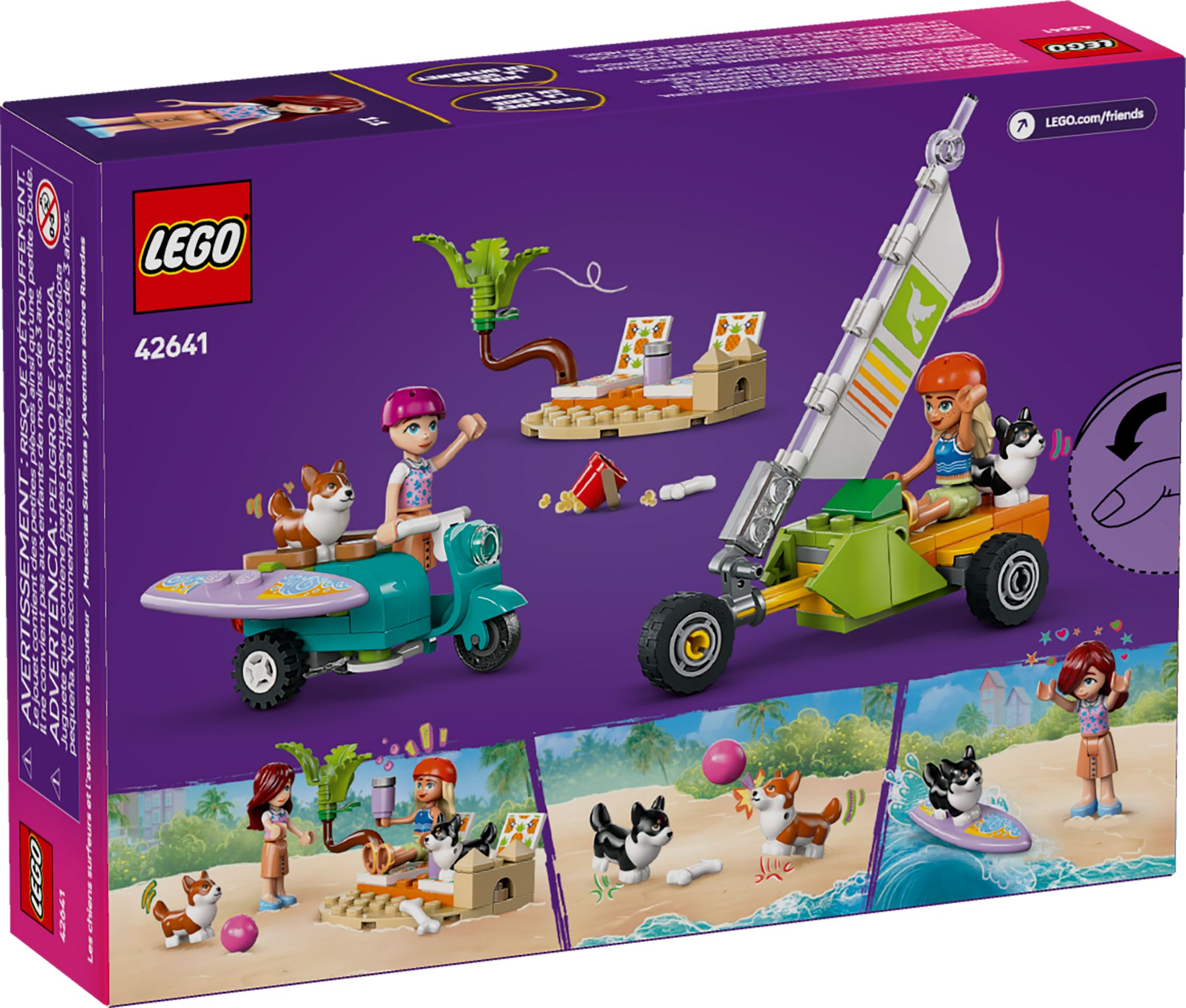 LEGO-Set mit Figuren, Hunden, Roller, Strandbuggy, Strand und Palme.
