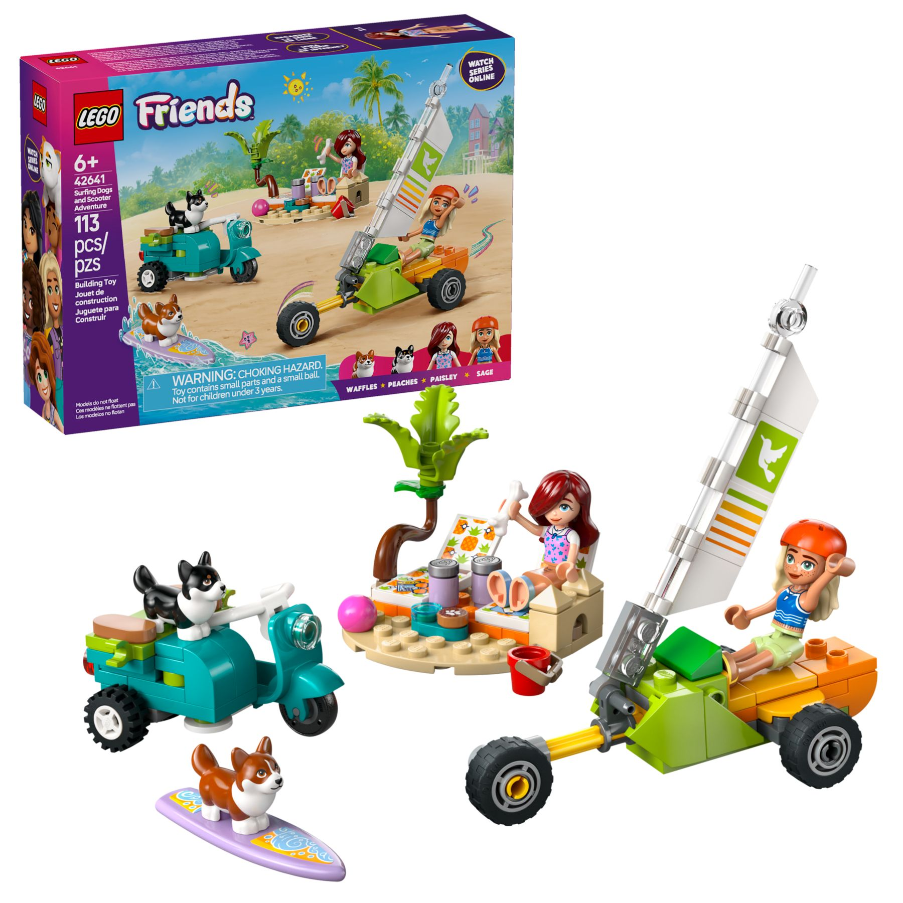 LEGO Friends Set mit Strandbuggy, Scooter, zwei Hunden und zwei Mädchen.