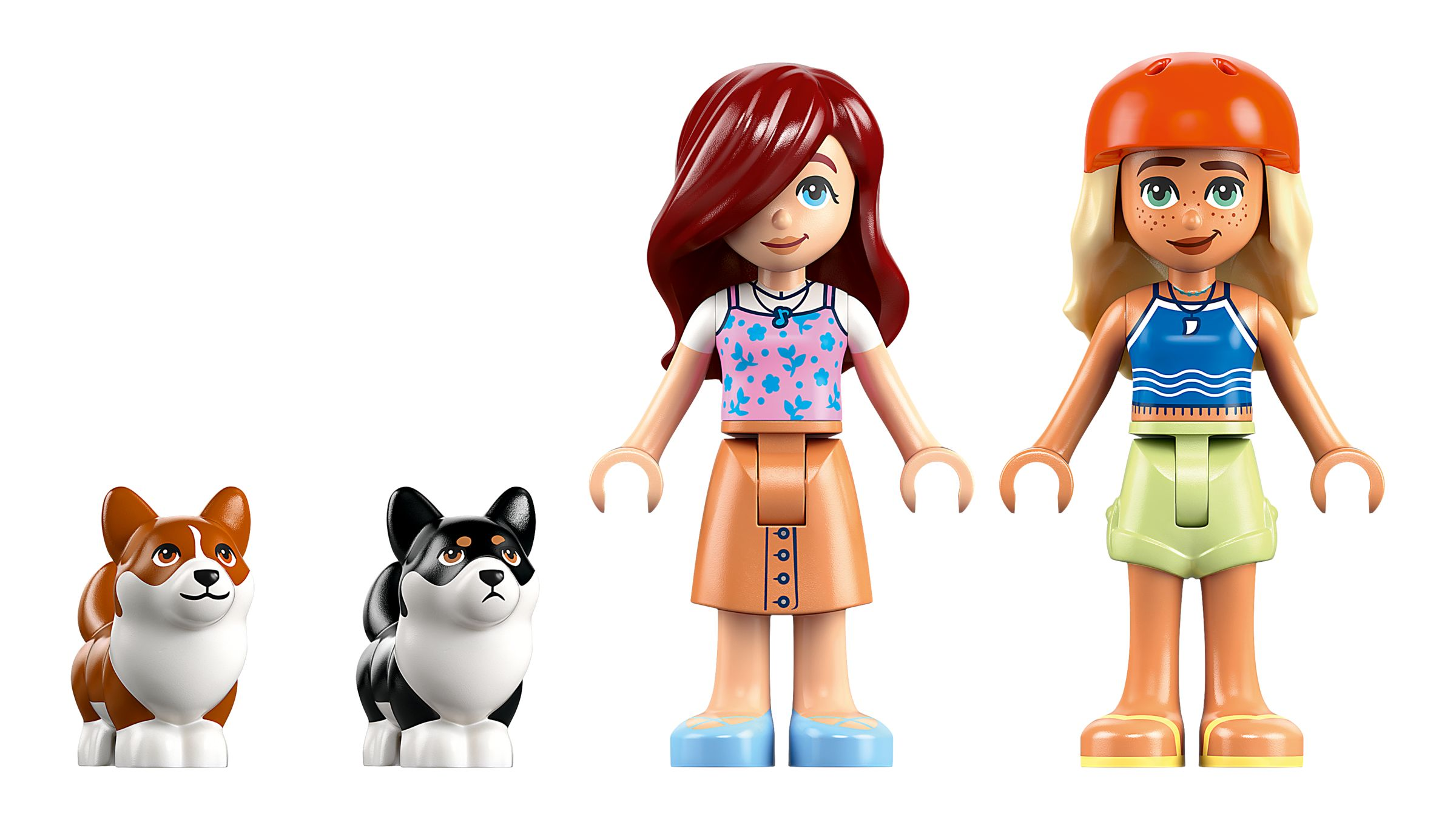 Zwei Lego Corgi-Hunde und zwei Lego-Mädchen. Ein Mädchen hat rote Haare, das andere blonde Haare und einen orangen Helm.