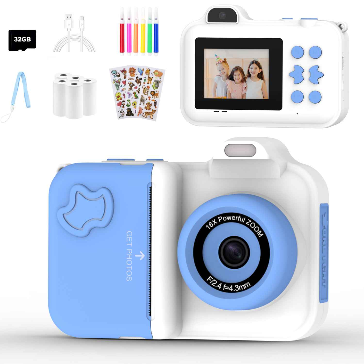 Kinderkamera-Set mit 32GB-Karte, Ladekabel, Stiften, Stickern und Druckpapier.