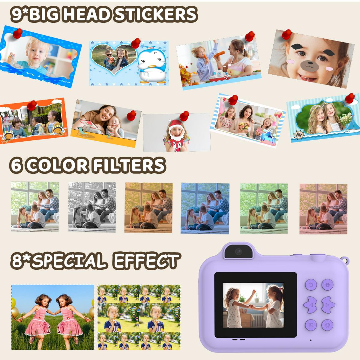 Ein lila Kinderkamera-Display zeigt zwei Mädchen. Mehrere Foto-Sticker, Filter und Effekte sind abgebildet.