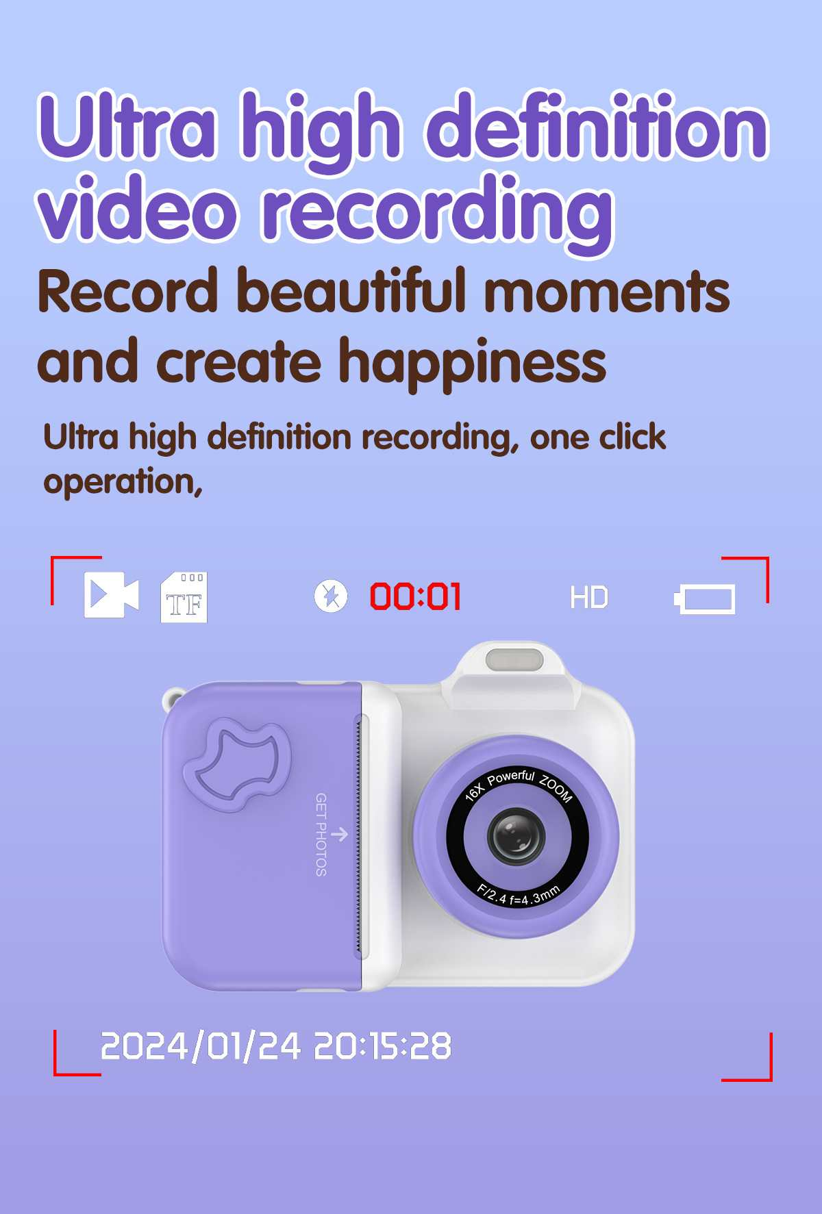Eine lila Digitalkamera mit Zoomobjektiv und Datum.