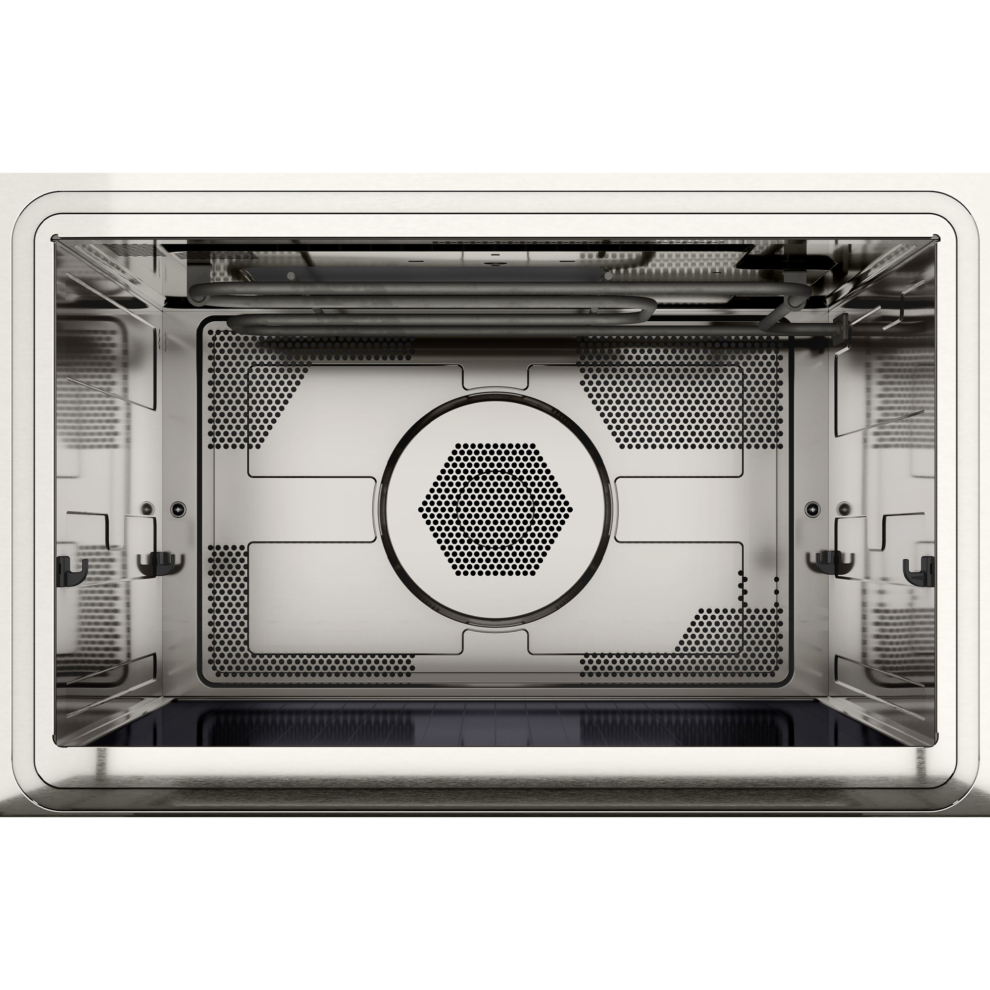 Interieur van een moderne oven met glanzende metalen wanden, verwarmingselementen en een centrale ventilatorgrill.