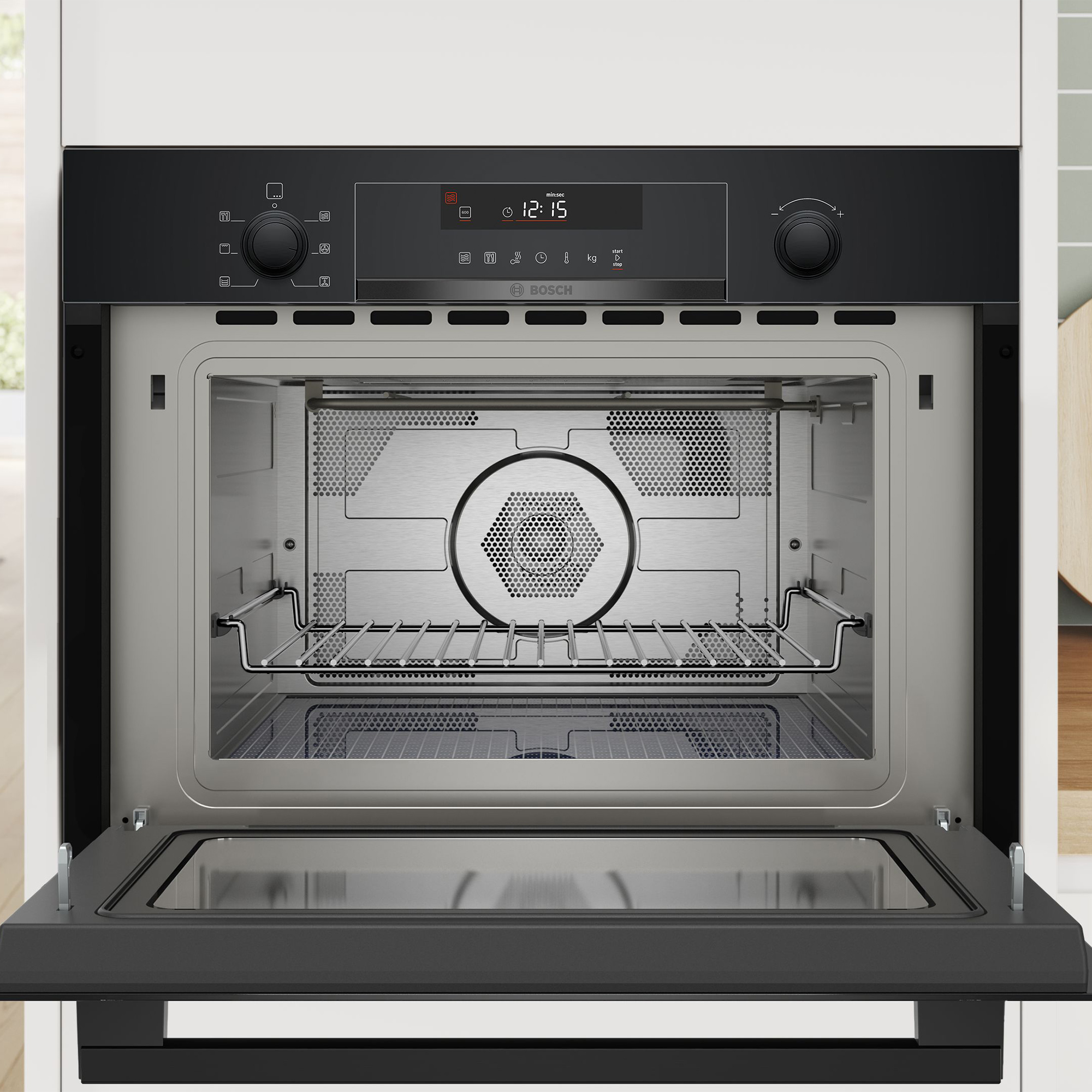 Een moderne inbouwoven met geopende deur, chroomrooster en digitaal display.