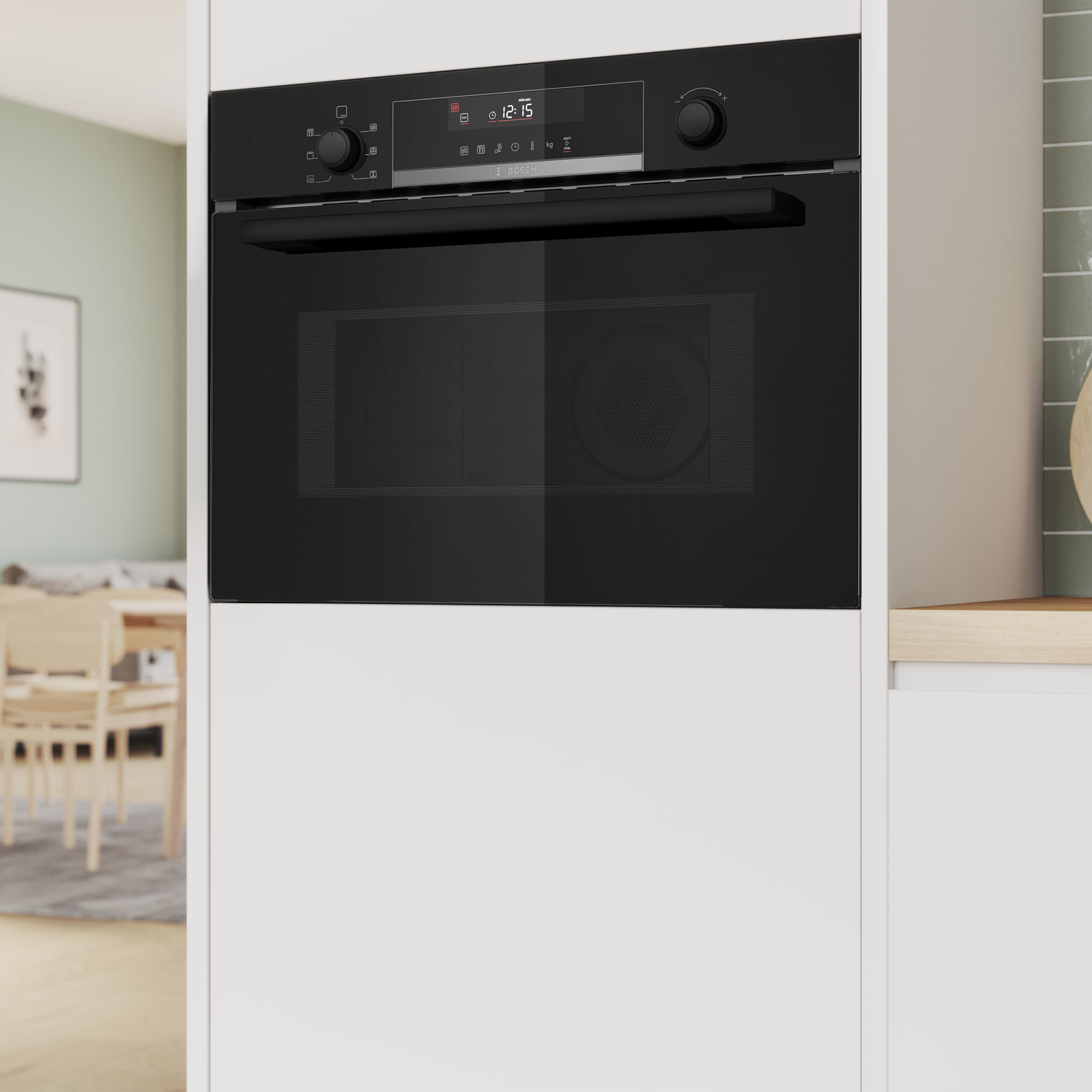 Een moderne zwarte oven met digitaal display en bedieningsknoppen.