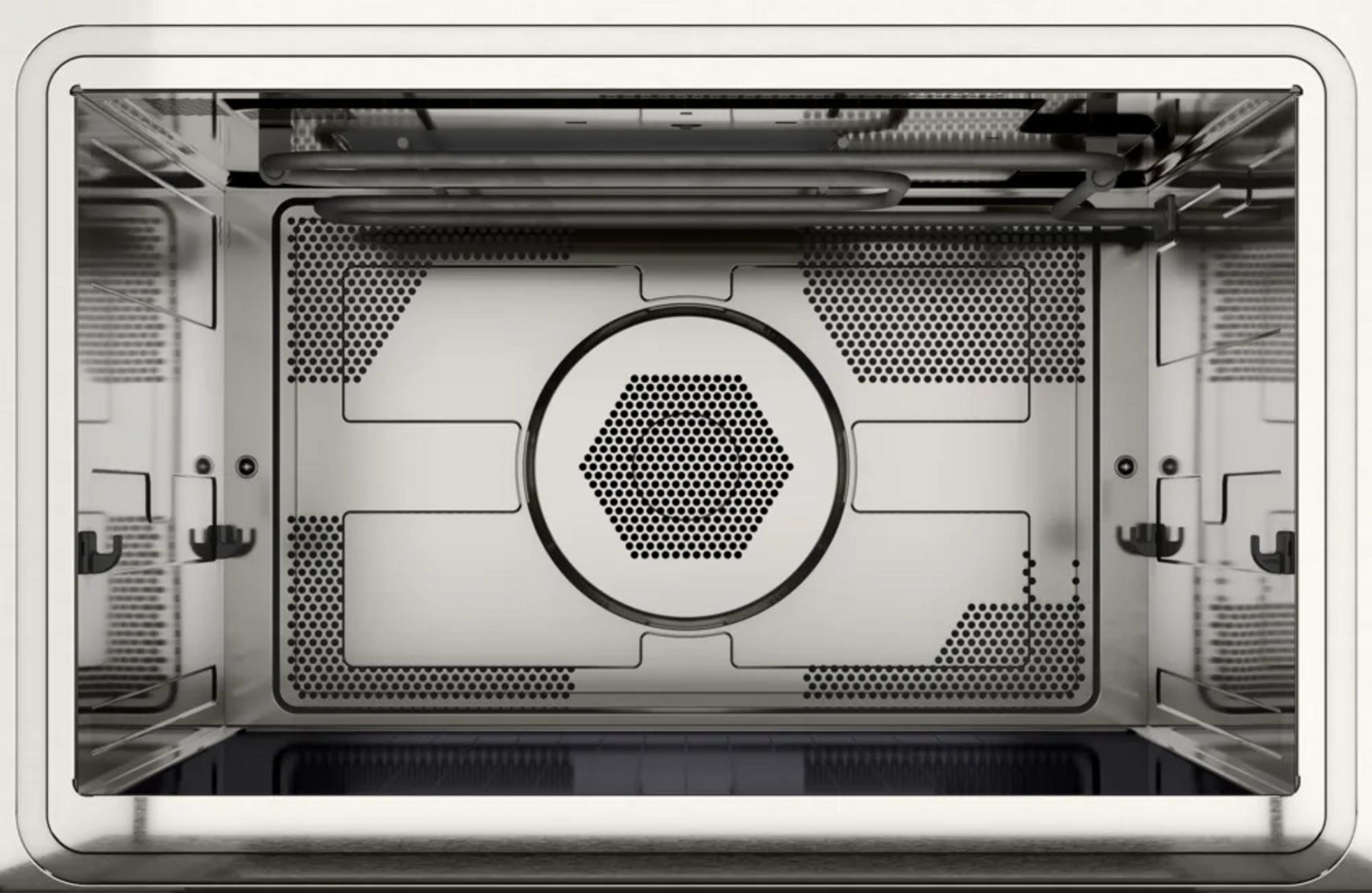 Binnenaanzicht van een moderne magnetron met verwarmingselementen en ventilatierooster.