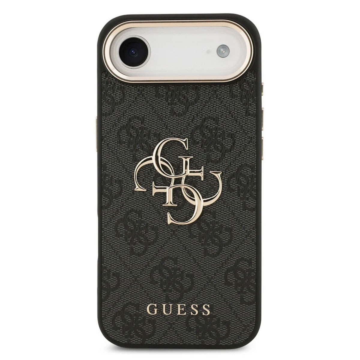 Custodia nera per telefono con logo GUESS e fantasia monogramma.
