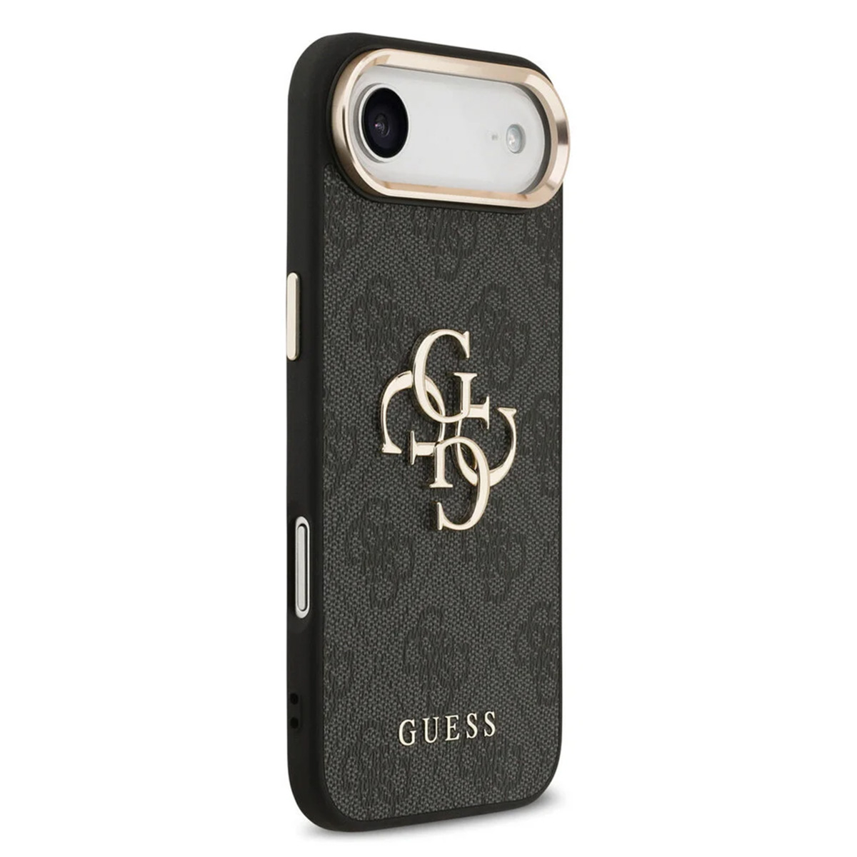 Custodia nera per telefono con logo GUESS e fantasia monogramma.
