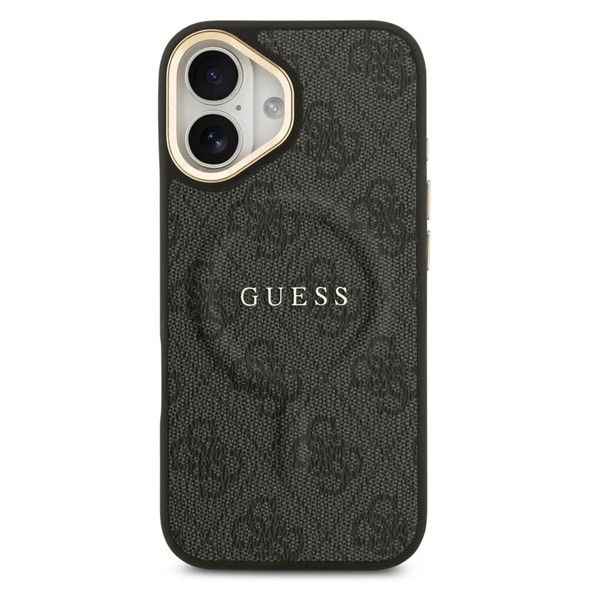 Custodia nera per telefono con logo GUESS e ritaglio fotocamera.