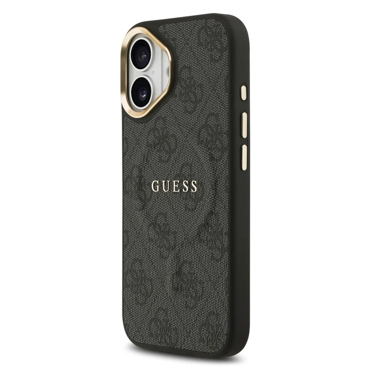 Custodia nera per telefono con logo GUESS e apertura doppia fotocamera.