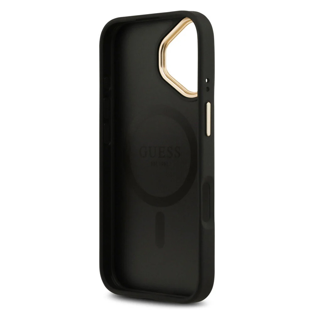 Custodia nera per telefono con finiture dorate e logo GUESS.