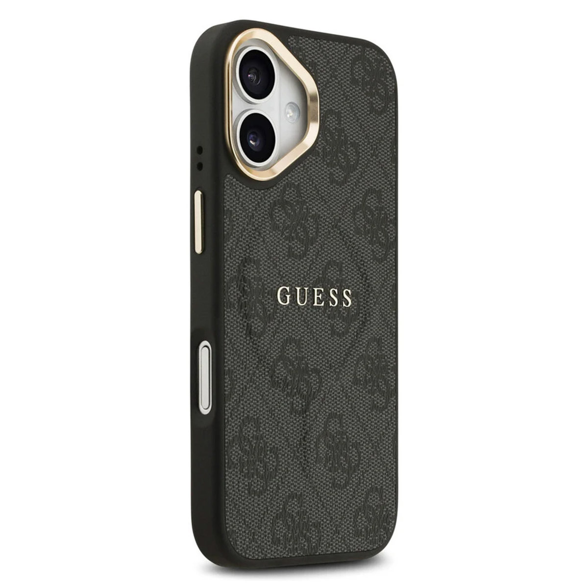 Custodia nera per telefono con logo GUESS e fantasia, cornice dorata lente.