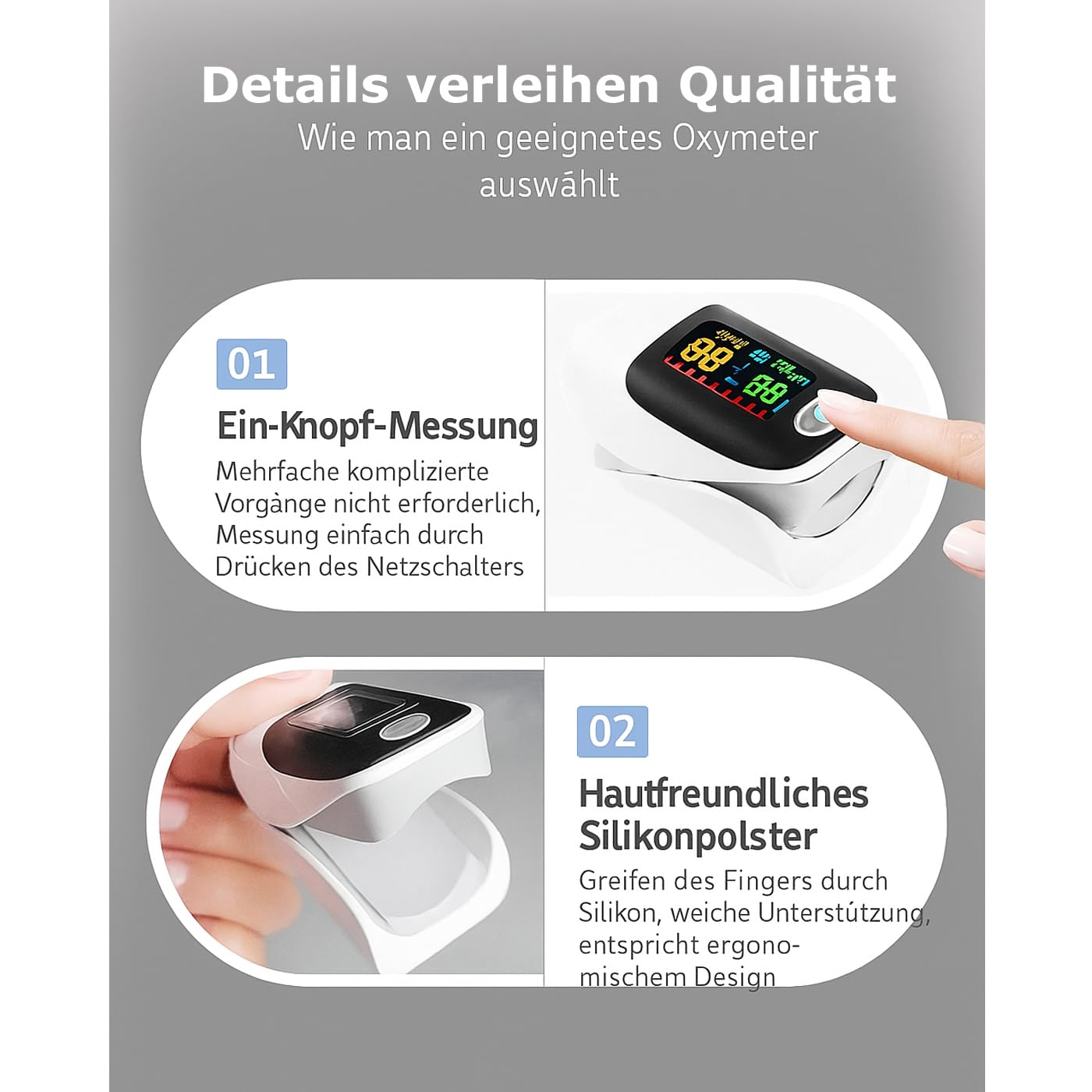 Fingerspitzen-Pulsoximeter zeigt Messwerte an. Zwei Abschnitte erklären Funktionen.