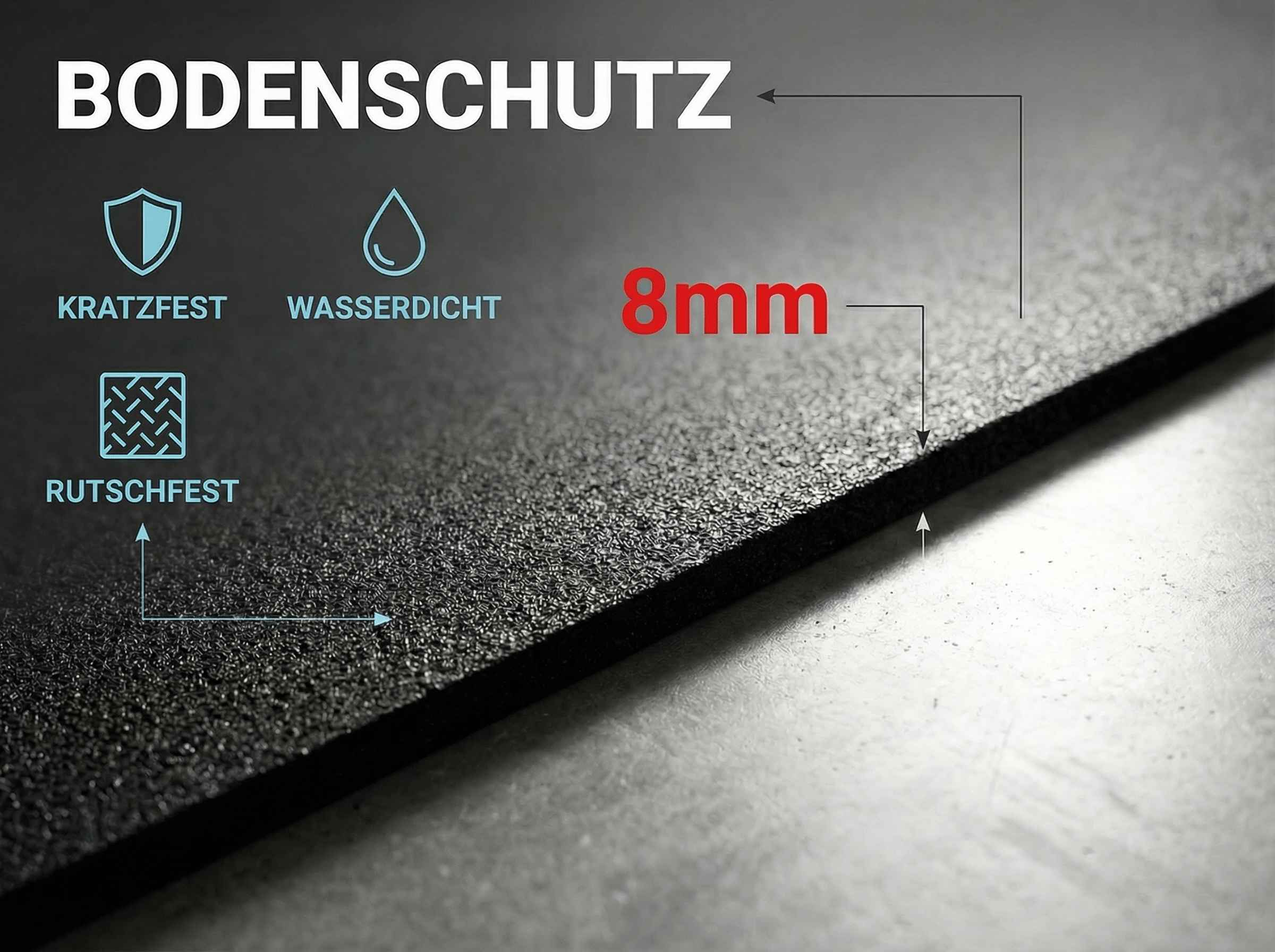 Boden­schutz mit Symbolen für Kratz­fest, Wasser­dicht, Rutsch­fest und 8mm Dicke.
