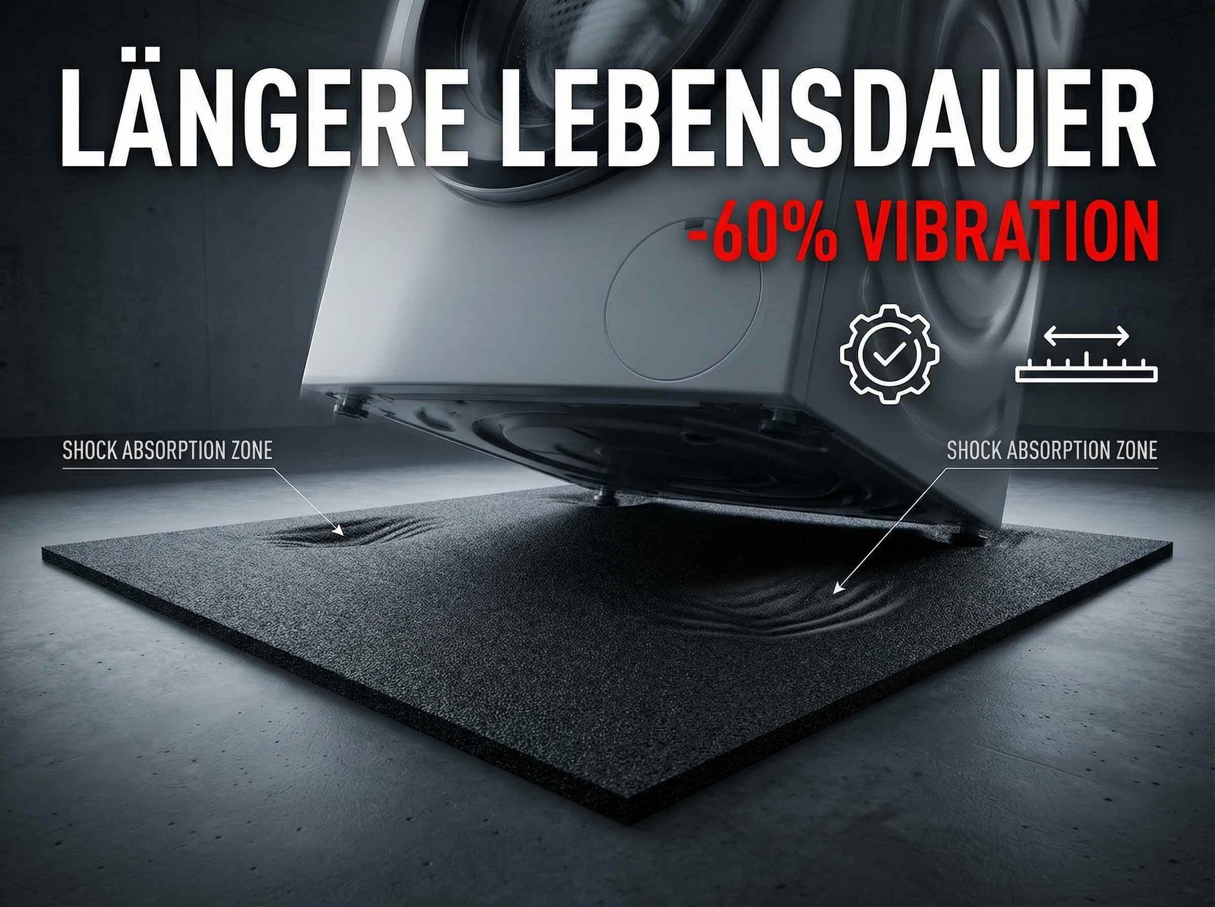 Waschmaschine auf vibrationsdämpfender Matte für längere Lebensdauer.