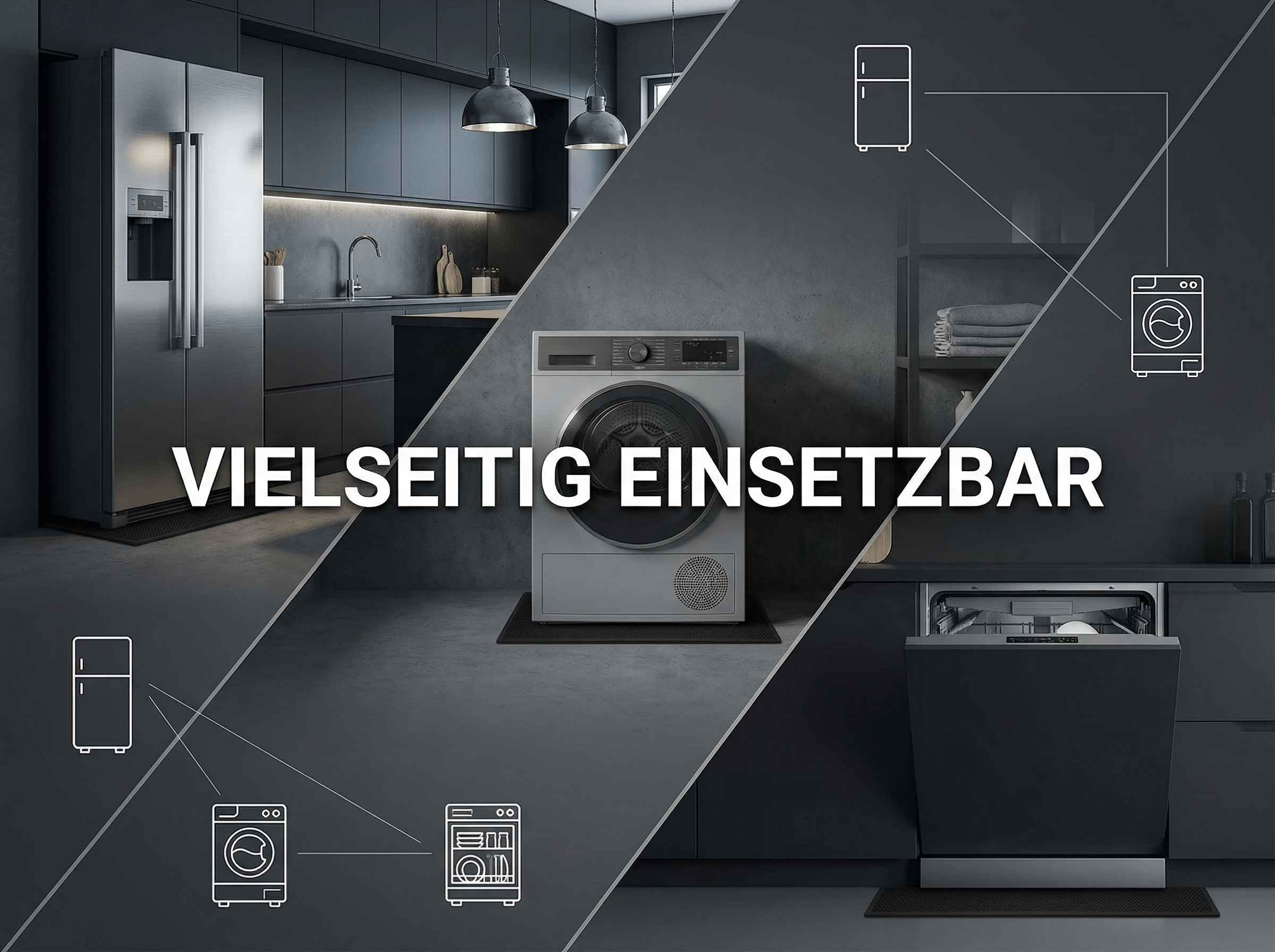 Moderne Küche mit Edelstahlkühlschrank, Trockner, Geschirrspüler und Spüle.