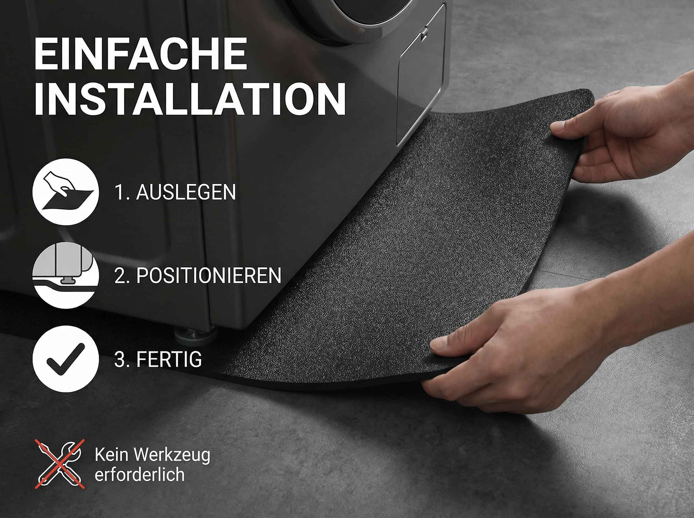 Schwarze Matte wird unter eine Waschmaschine gelegt. Einfache Installation.