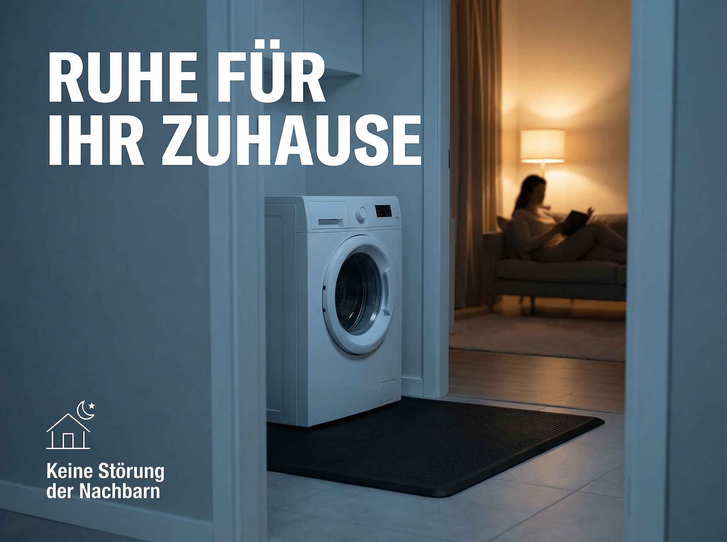 Waschmaschine vor Tür, Frau liest im Wohnzimmer bei Nacht.