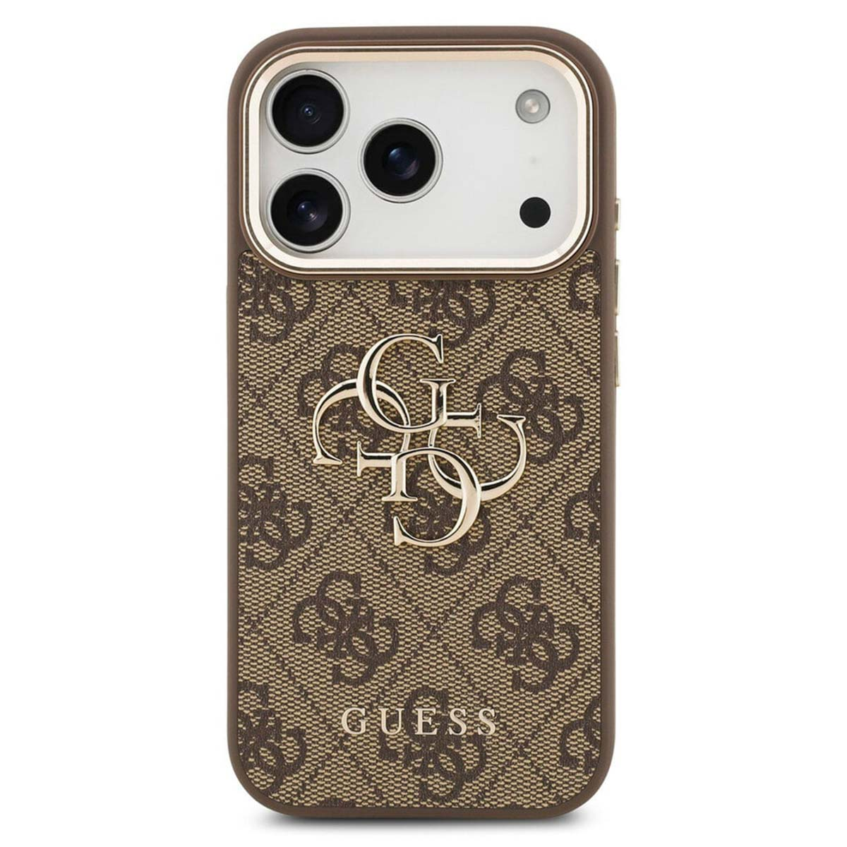 Custodia marrone per telefono con logo Guess e motivo monogramma.