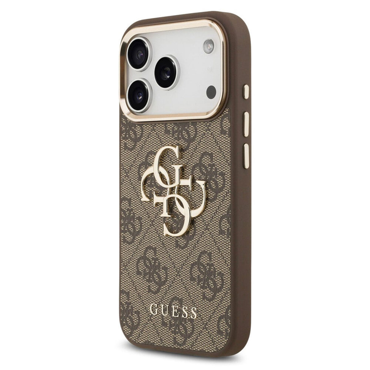 Custodia marrone Guess con logo dorato e foro per fotocamera, su sfondo bianco.