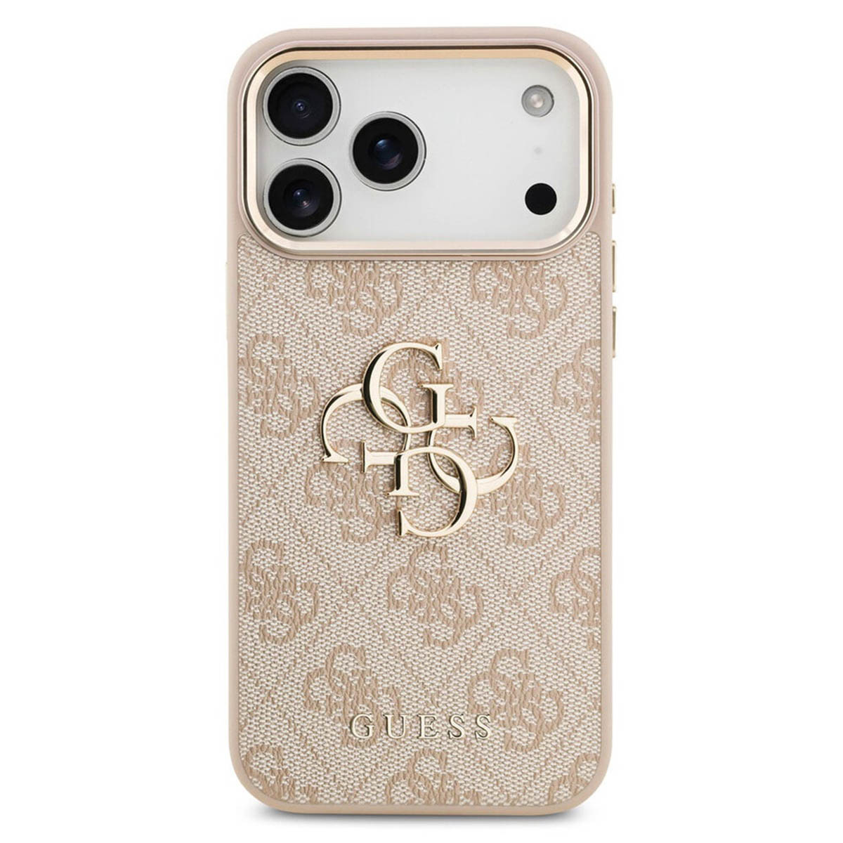 Funda beige Guess con patrón repetitivo y logo dorado.