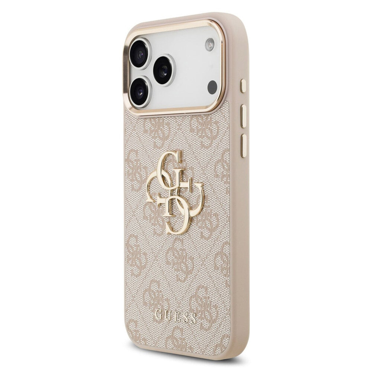 Una funda beige para iPhone con el logo de GUESS y patrón de monograma.