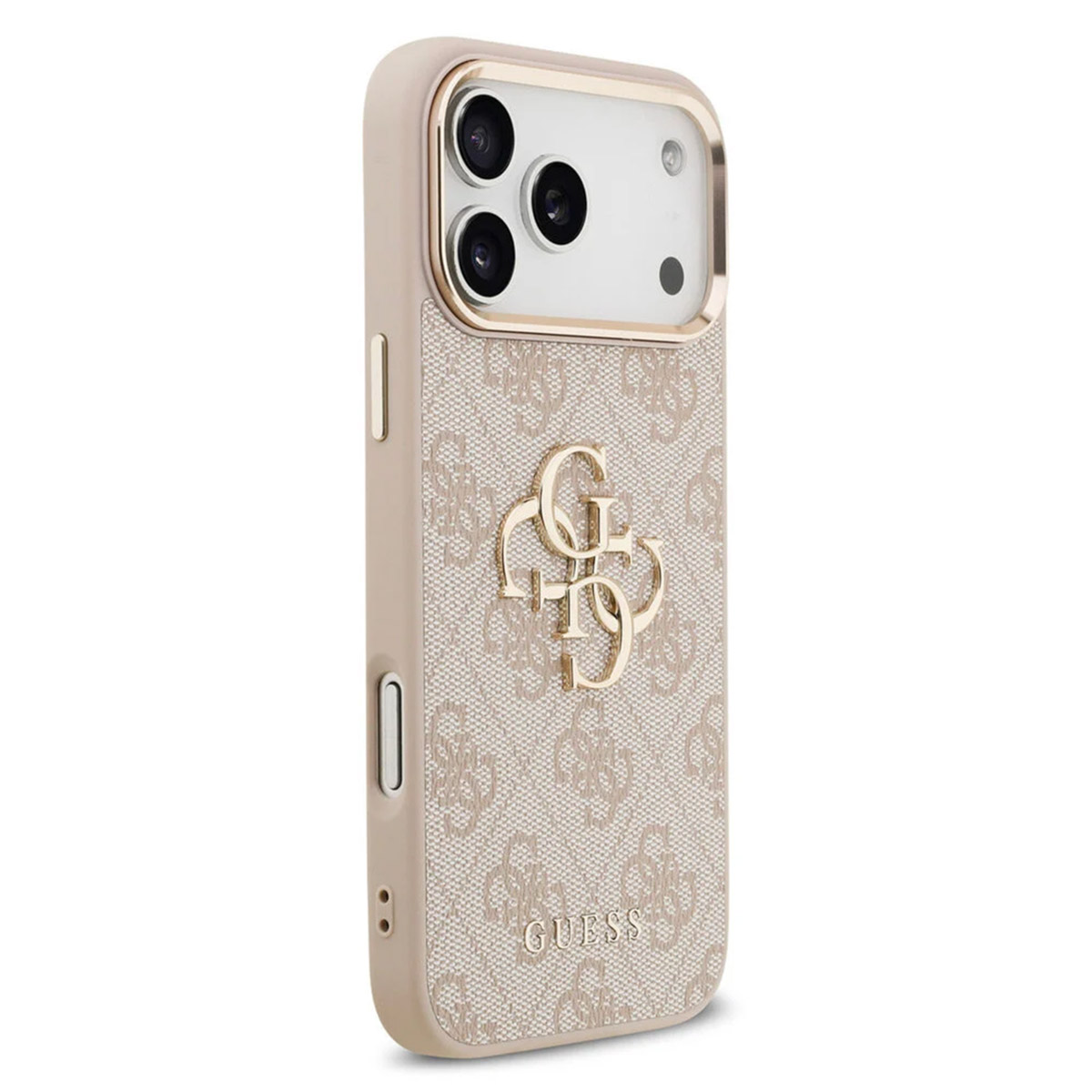 Una funda de teléfono Guess beige con patrón de monograma y logo dorado.