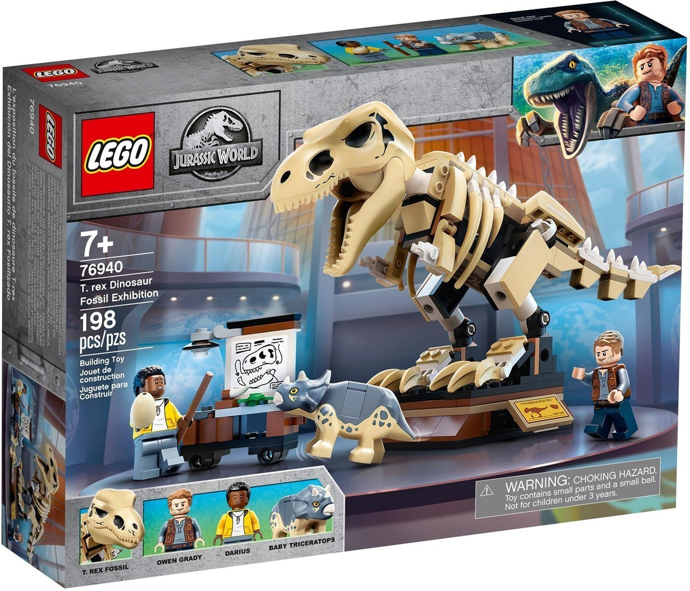 LEGO Jurassic World T-Rex Fossil Ausstellungsset mit Figuren und Dino-Skelett.