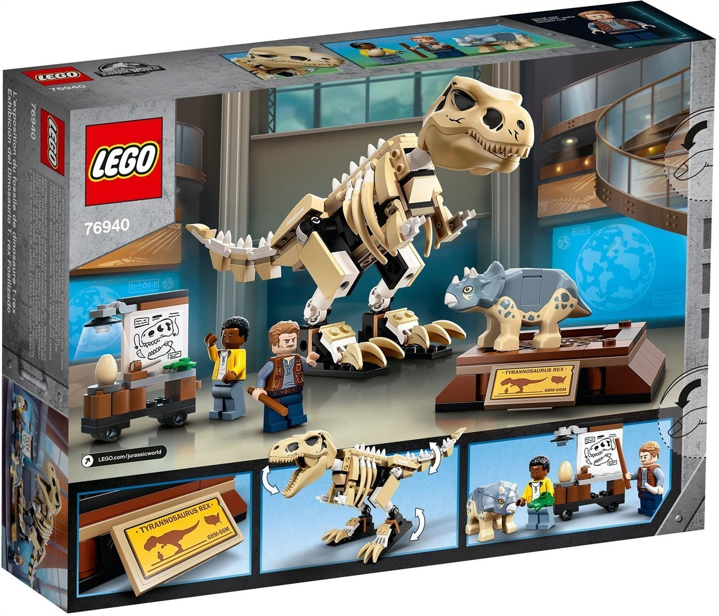 LEGO Jurassic World: T-Rex-Skelett-Set mit Figuren, Triceratops und Museumskulisse.