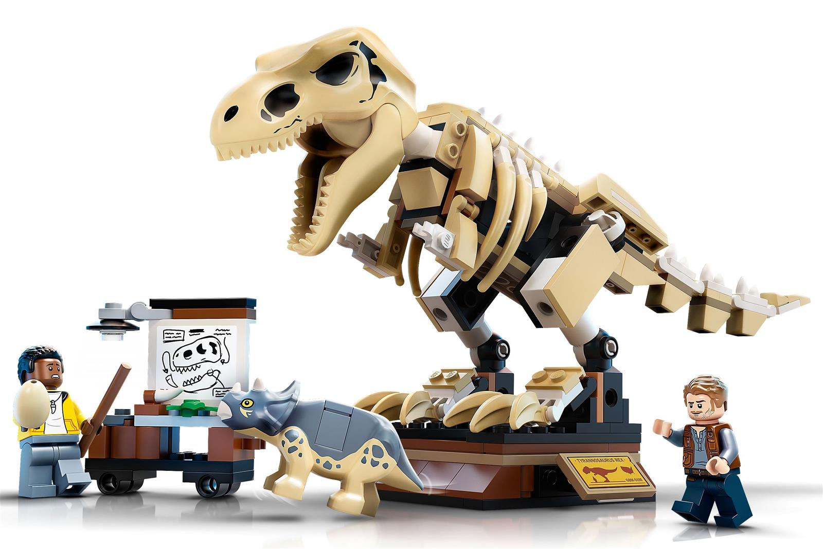 Ein Lego T-Rex-Skelett wird mit zwei Minifiguren und einem Triceratops gezeigt.
