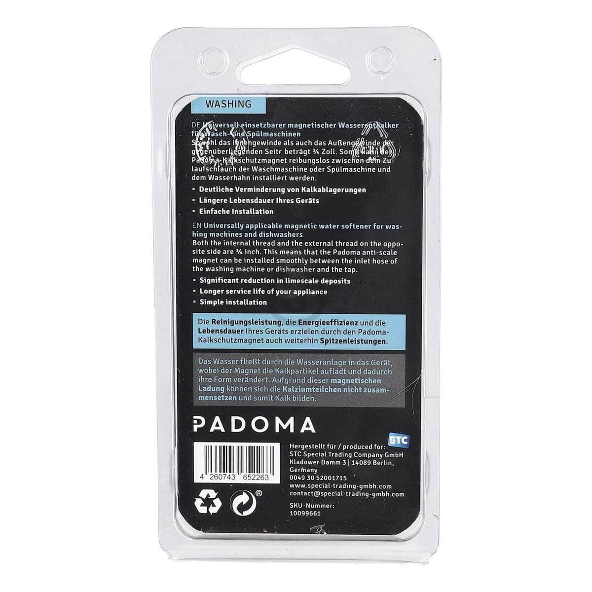 Verpackung für einen magnetischen Wasserentkalker für Wasch- und Spülmaschinen.