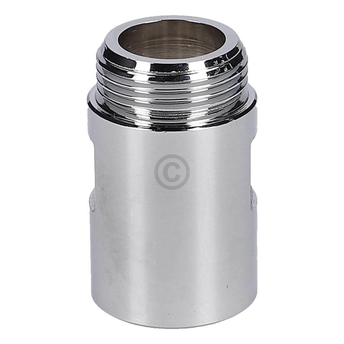 Ein glänzender Metalladapter mit Gewinde und einem C-Symbol.