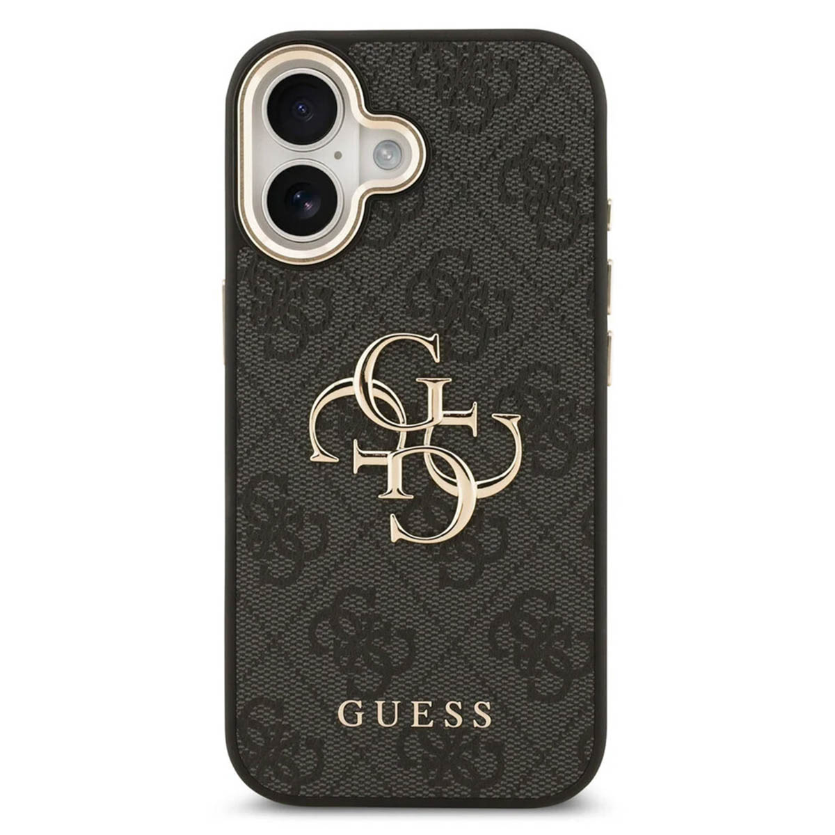Custodia per telefono grigio scuro con logo GUESS e motivo monogramma.