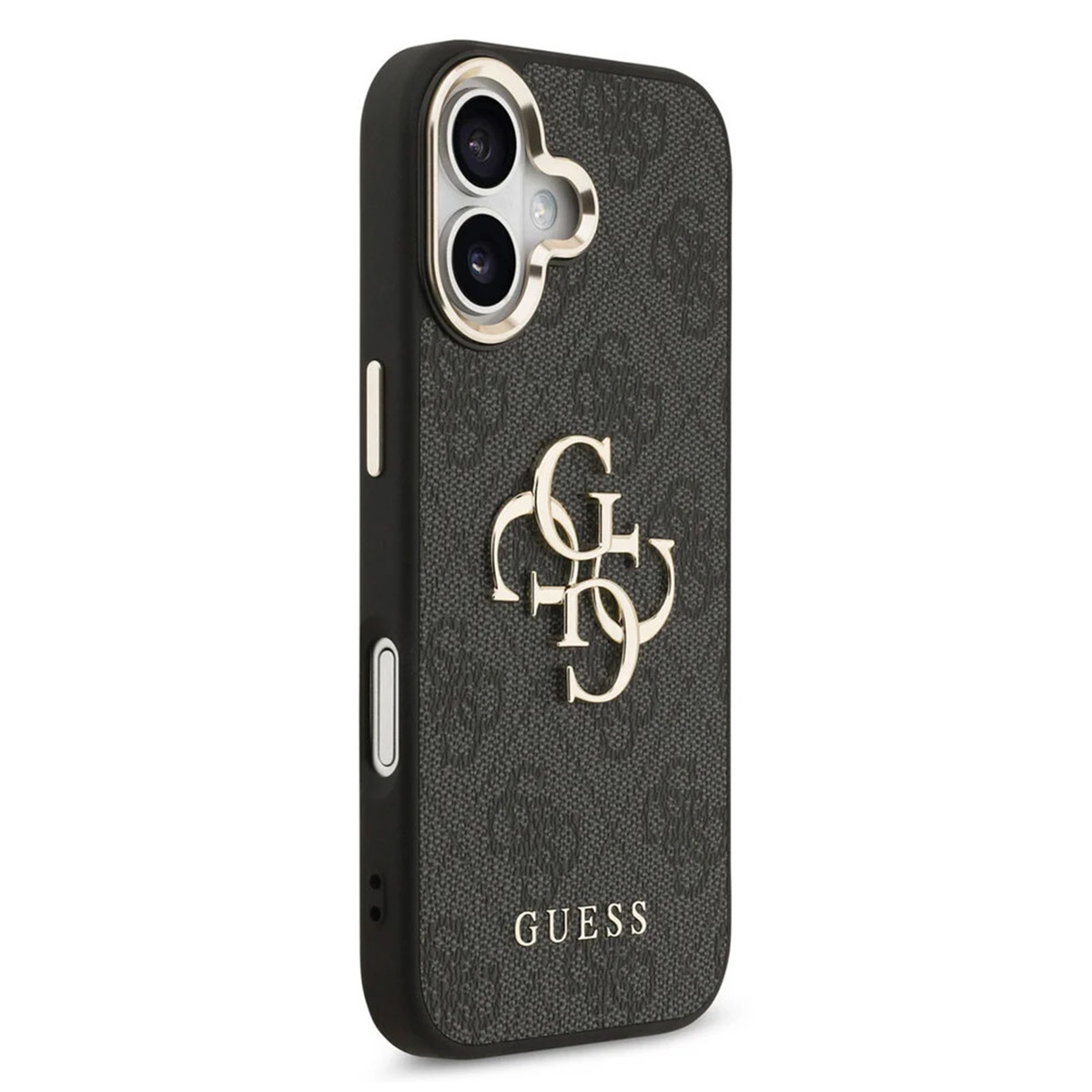 Custodia nera per telefono con logo GUESS e ritagli fotocamera.