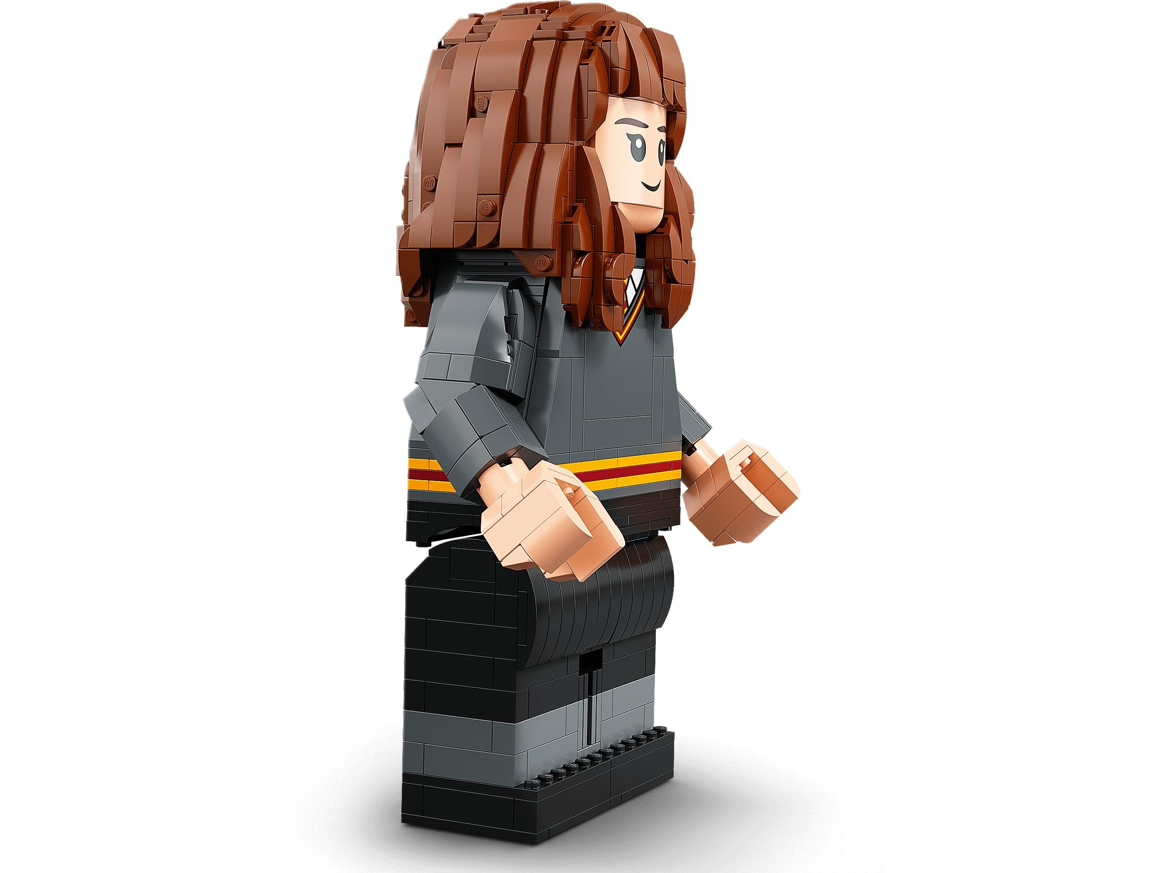 Eine Lego-Figur mit braunem Haar, grauer Uniform mit Streifen und dunkler Hose.