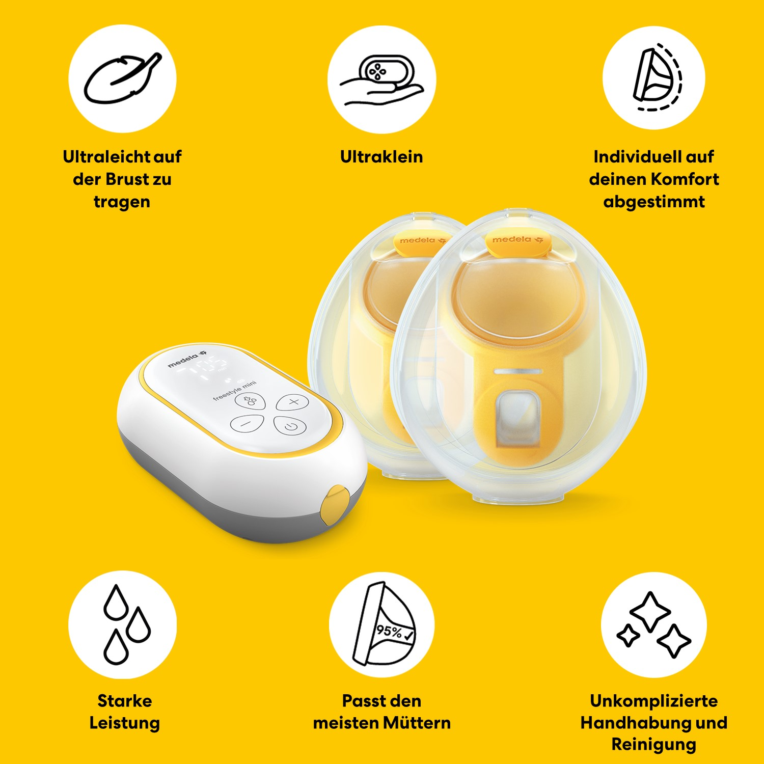 Medela Freestyle Mini Milchpumpe mit Zubehör und Icons für Komfort.
