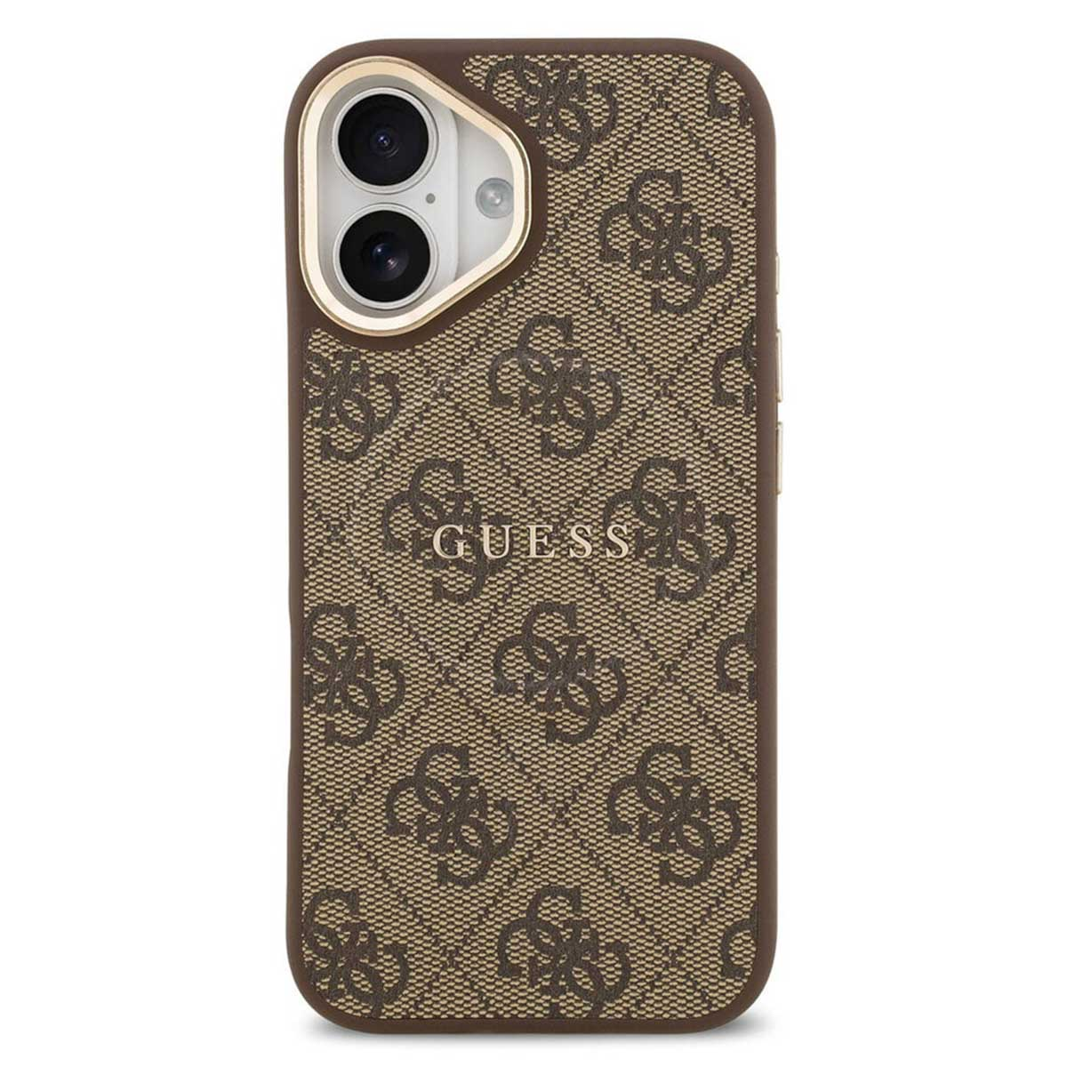 Custodia per telefono marrone con motivo logo GUESS e ritaglio fotocamera.