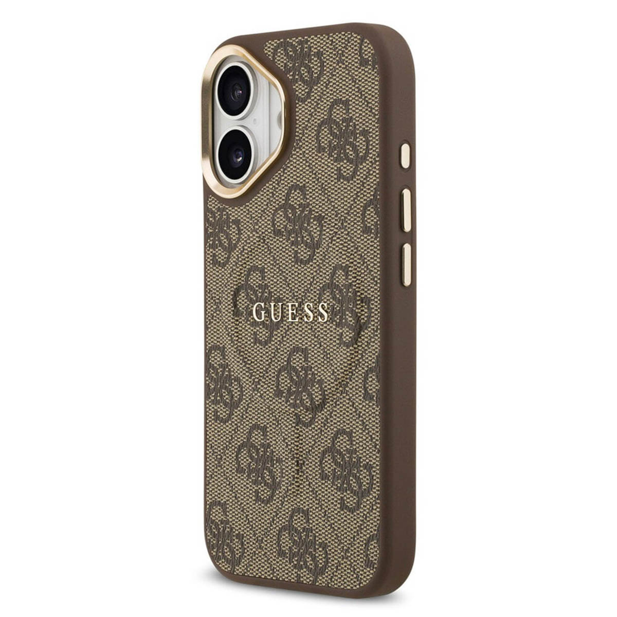 Custodia per telefono marrone con logo GUESS e motivo monogramma.