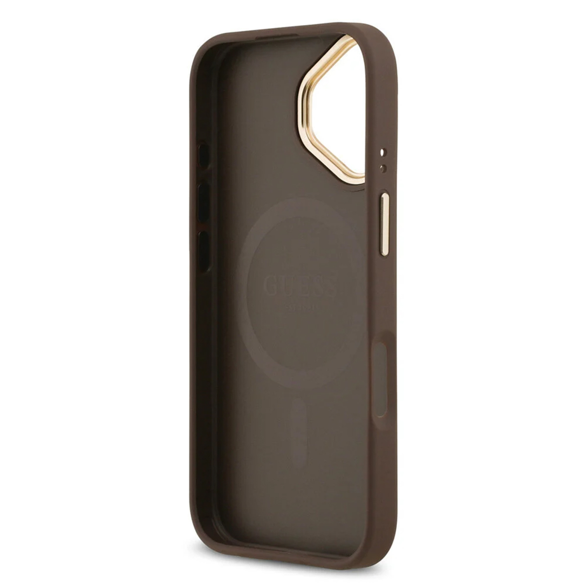 Custodia marrone scuro con anello dorato, logo Guess in rilievo all'interno.