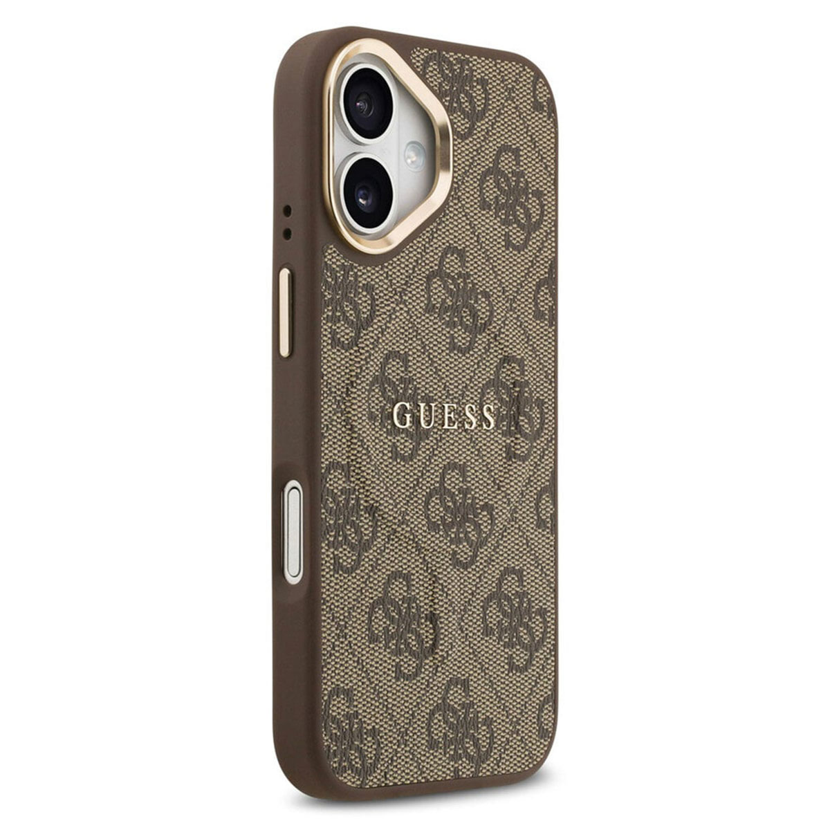 Custodia marrone per telefono con logo Guess e monogramma.