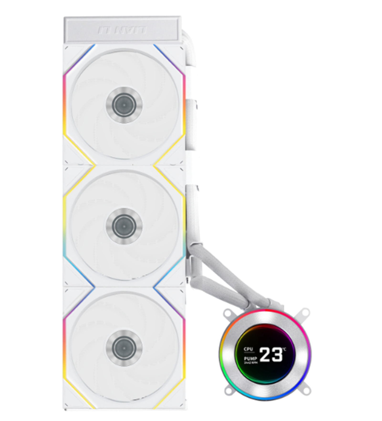 Üç fanlı beyaz CPU soğutucu ve RGB aydınlatma. Pompa 23°C gösteriyor.