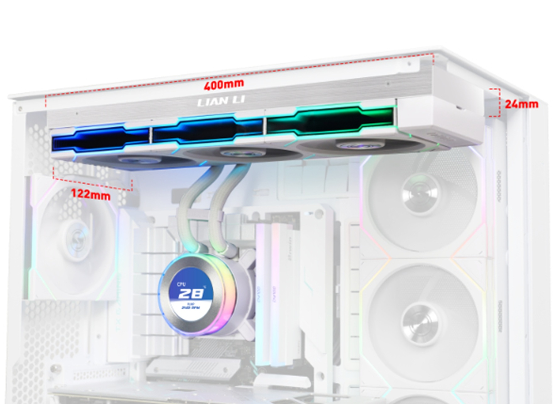 Fanlar, CPU soğutucu ve RGB aydınlatmalı bir PC kasası.