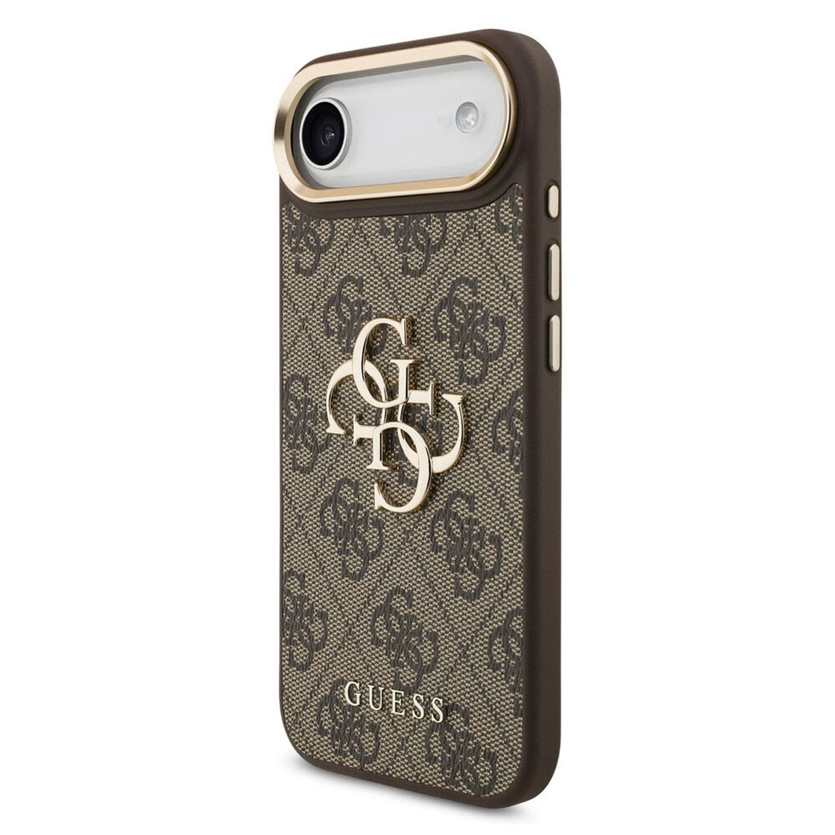 Una custodia marrone per telefono con logo Guess e motivo monogramma.