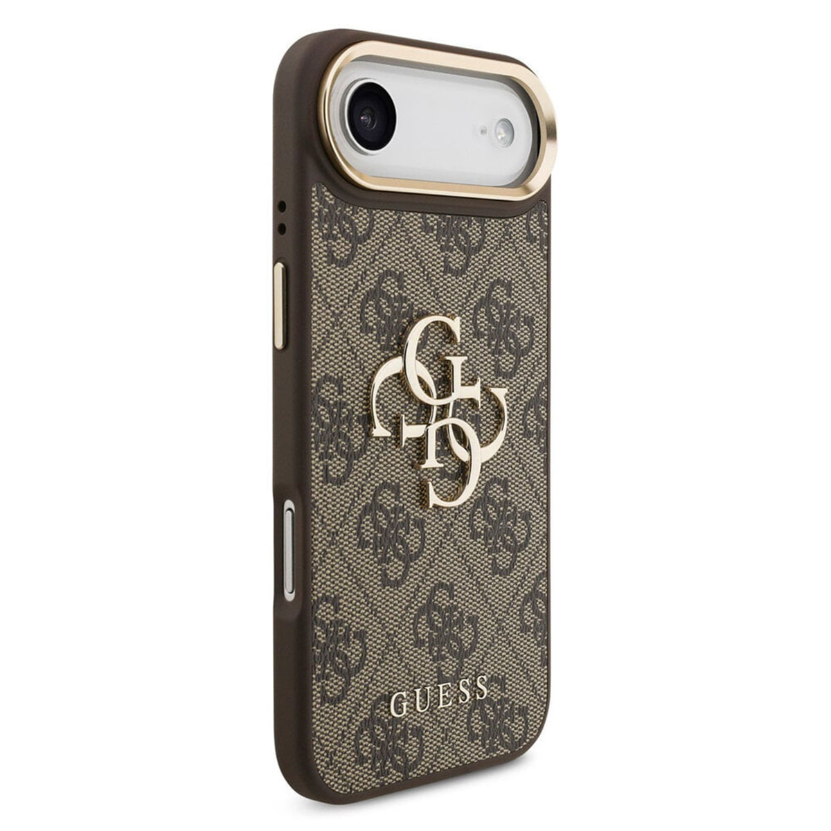 Custodia marrone per telefono con logo Guess e motivo monogramma.