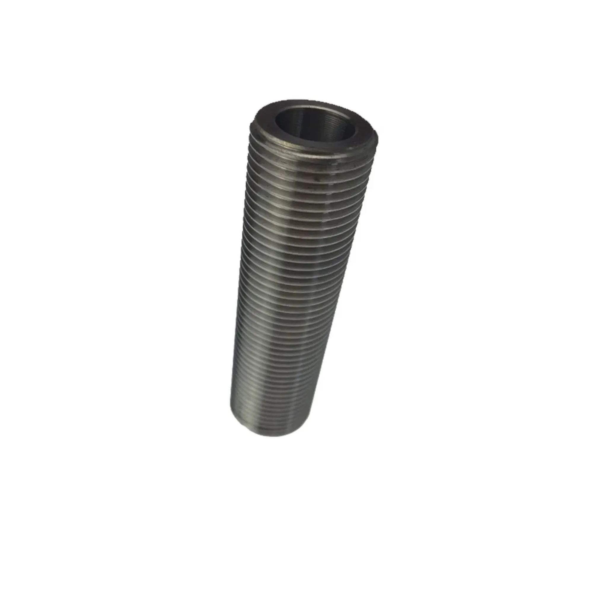 A metal pipe with external threads on a white background.