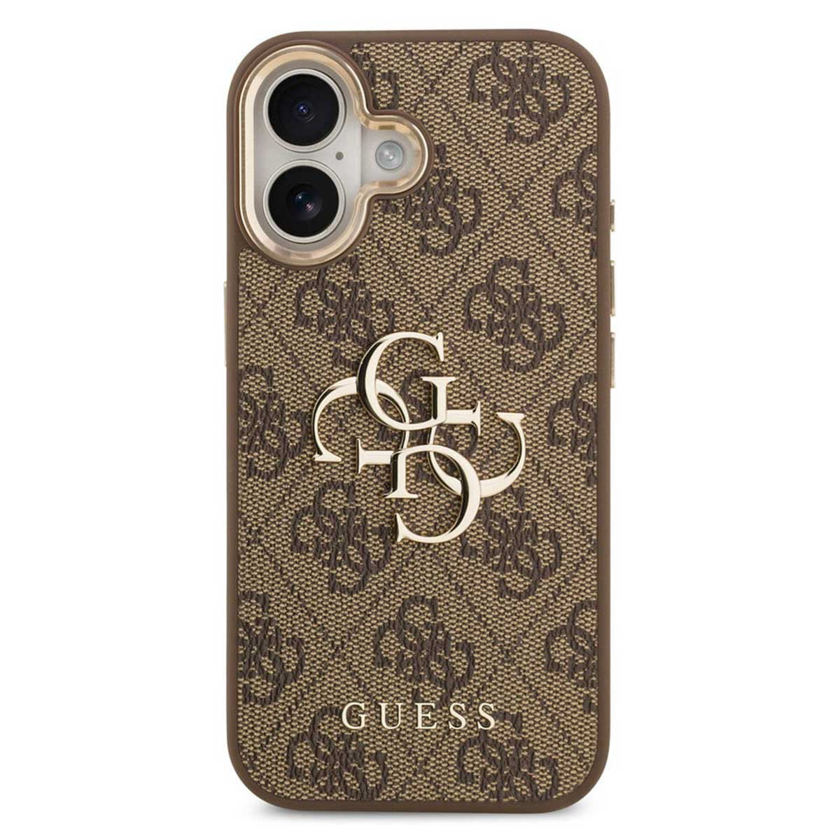 Custodia marrone per telefono con logo GUESS e motivo monogramma.